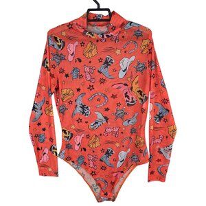 Womens Cowgirl Western Novalty Print Mesh Bodysuit Snap Closure Long Sleeve S